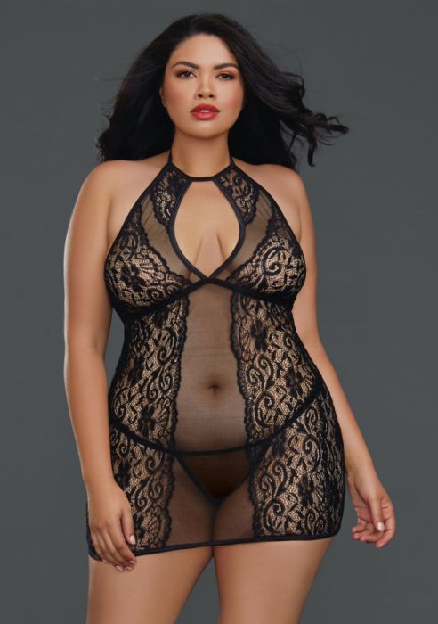Dreamgirl+%2D+Queen+Size+Fishnet+And+Lace+Chemise+Black