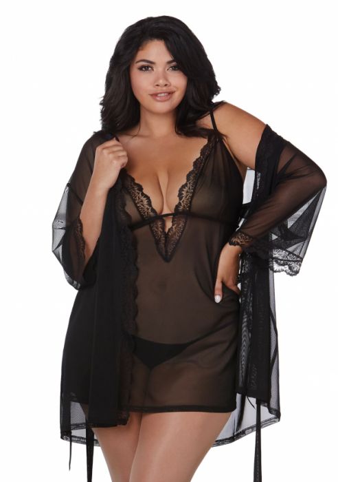Dreamgirl+%2D+Stretch+Mesh+Chemise+%26+Robe+Set+Black